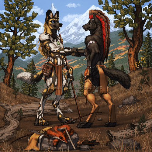 eskiworks:  Full illustration commission done for Smokepaw and Utunu!  Utunu (African Wild Dog) has traveled a long way from African to meet with his long time friend Smokepaw (Wolf) in the Rocky Mountains to trade a few special items. The day is crisp