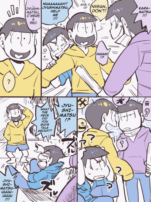 matsunoshrine:  Here are some more Osomatsu comics I found on this artist’s pixiv and translated! Cleaning, typesetting, translating etc. all done by me for fun. This time, they’re 3 separate comics involving Ichimatsu hating Karamatsu and Jyushimatsu