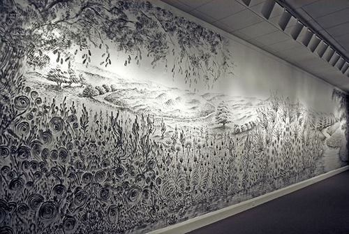 asylum-art:  NYC artist Judith Braun creates enormous symmetrical wall paintings using nothing but black paint and her fingers.