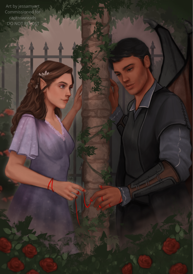 Elain and Azriel are looking at each other while their hands are reaching out! a red string linking their hands