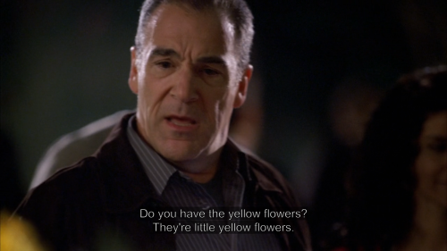 Outdoors at night, a man wearing a brown coat over a striped button-up looks slightly panicked. The subtitle at the bottom of the image reads: "Do you have the little yellow flowers? They're little yellow flowers."