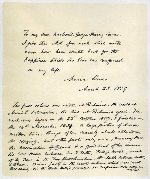 barcarole:Manuscript of George Eliot’s Adam Bede, dated March 23rd 1859. Eliot addresses him as her 