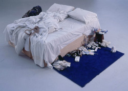 nyctaeus:  Tracey Emin, ‘My Bed’, 1998, Mattress, linens, pillows, rope, various memorabilia - condoms, a pair of knickers with menstrual period stains, other detritus and functional, everyday objects, including a pair of slippers. The artist shows