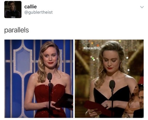 bob-belcher:Brie Larson the first and second time she’s presented an award Casey Affleck has won.