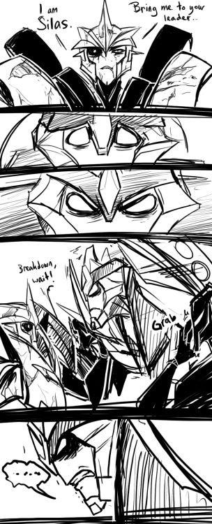 herzspalter:  An anon once asked me “what would’ve happened if Knockout had died instead of Breakdown?” This is my answer. (also, in case it’s hard to see, these are supposed to be Vehicons holding Breakdown back, I messed that one up badly, sorry)