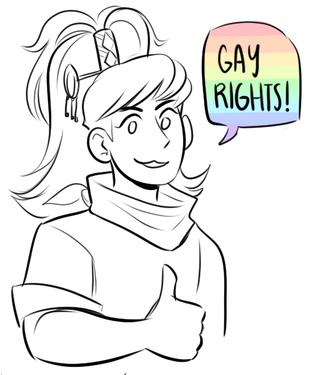 Lineart of Kay Faraday giving you a thumbs up and saying "Gay Rights!" (The Gay Rights has a Rainbow Background)