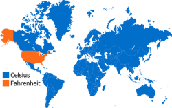 dilfgod:  mapsontheweb:  Global use of ‘Fahrenheit’ or ‘Celsius’  when will the rest of the world catch up  USA, chuunibyou wo motte imasu ka? Here is an unrelated thought&hellip; If you are in Canada and you ask a Canadian which way to USA, will