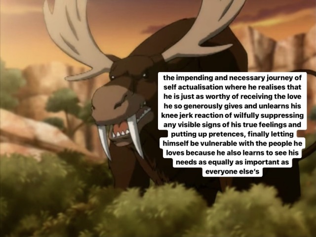 quenchiestzukka:[ID: Two screenshots from the show Avatar: The Last Airbender.The first screenshot shows Sokka, half buried in the ground. He is slightly smiling and looking at a baby saber-tooth moose lion that has an apple in front of it. The text over