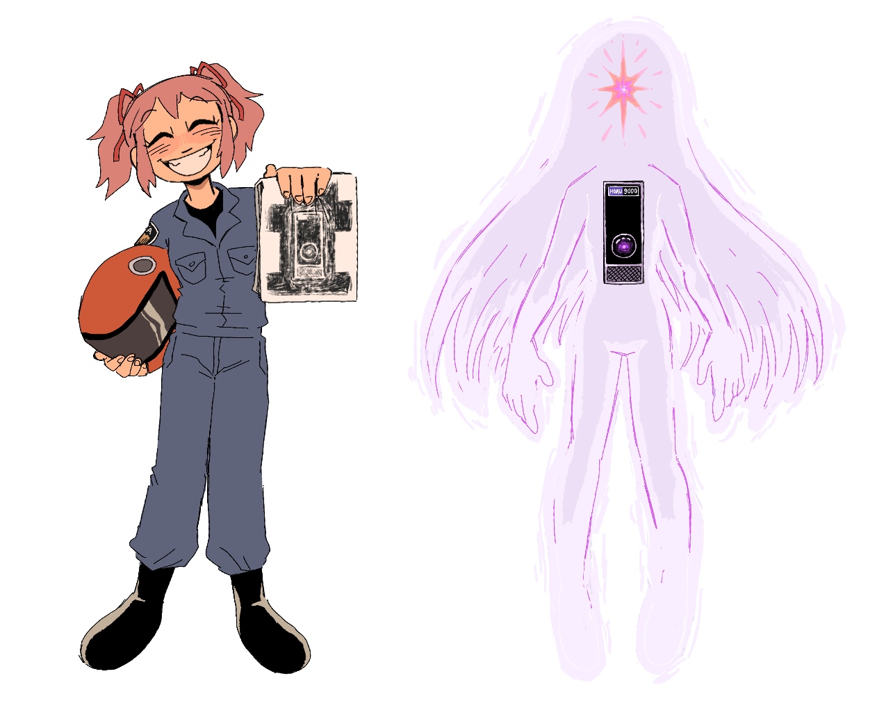 this is a madoka magica x 2001: a space odyssey crossover. I know, I'm a visionary. in this first picture madoka is dressed in the uniform of the Discovery One space shuttle, a simple blue-grey jumpsuit. she is holding an orange helmet under one arm, and with her other hand she is proudly presenting her sketchbook to the viewer, a huge grin on her face. she has drawn this version of the hal 9000 computer, described next. in the second picture is what looks exactly like hal 9000, but if you look very very closely it actually says "homu 9000" and has a purple light in the lens instead of a red one. surrounding that is a light purple, ethereal silhouette, in the shape of homura herself. the computer is placed in the center of her chest and where her face would be is a light pink star.