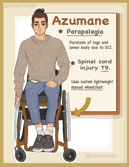 An image of a medium-build guy, he has fair skin, and brown hair tied up in a bun. He has brown eyes and a neutral expression across his face. He is sitting in a manual wheelchair, wearing a beige knit sweater and cut at the ankle jeans. He is wearing white socks and ankle vans shoes.   To the right, the image text reads: “Azumane, parapalegia. paralysis of legs and lower body due to SCI. Spinal Cord Injury T9. Uses custom lightweight manual wheelchair.” End text.