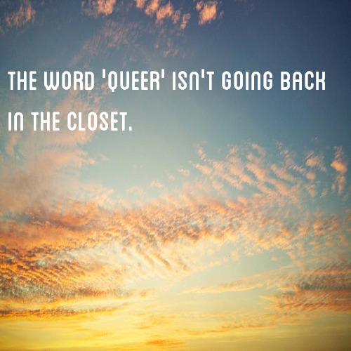 [Image Description: A picture of a cloudy sky at dusk with text that reads “the word queer isn
