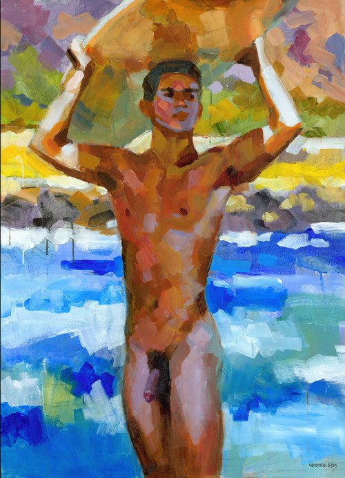 Nude Hawaiian with Surfboard, acrylic painting by Douglas Simonson. Douglas Simonson websiteSimonson