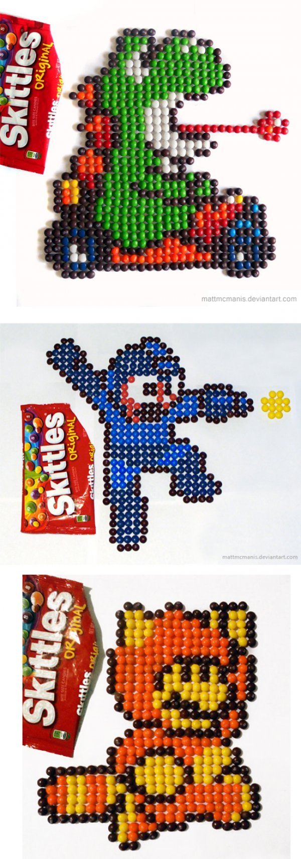 dorkly:  Skittle Pixel Art is Deliciously Retro Game the rainbow. Artist: Matt McManis