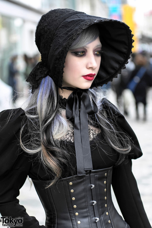tokyo-fashion:  Gabriel on the street in Harajuku wearing a black lace dress from Vimoque with an Abilletage corset. Full Look