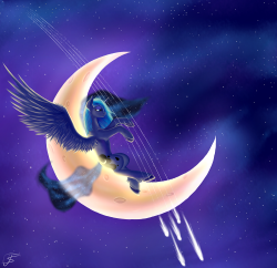 that-luna-blog:  Sound of the Night by TangoSierraG82 She plays harp on the tail of the shooting stars.  29.7.2014 featured on Equestria Daily!!!  Ooo~ &lt;3