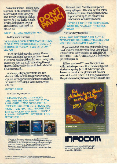 pages-from-the-80s:Ad for The Hitchhiker’s Guide to the Galaxy video game on pages 2 and 3 of the Oc