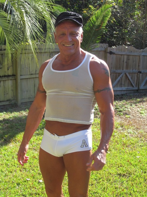 maturemanexhibitionist: Me in some very snug fitting white short shorts. I tried to keep them on as 