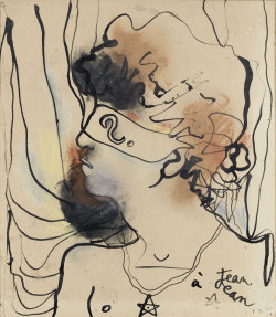 netlex:  Jean Cocteau (1889-1963) - Portrait les yeux bandés Dessin au crayons de couleur, plume, lavis et rehauts de feuille d’or (26 x 23,5 cm) 