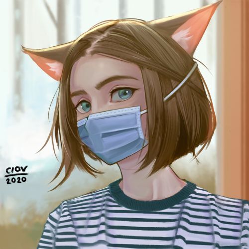 Neko girl in disposable face mask: Original anime character [digital drawing by Ciov] 