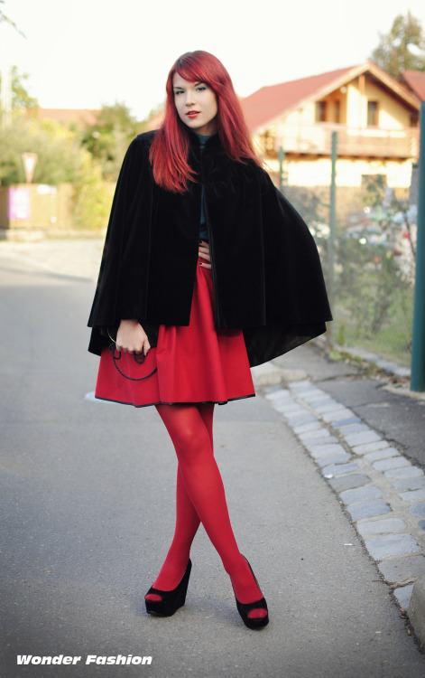 tightsobsession: Red skirt with red tights.