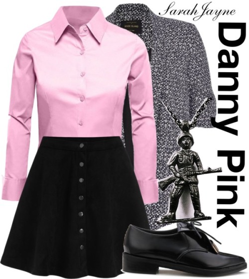 Danny Pink Inspired Look by solstice-sarahjayne featuring a black collared jacketLE3NO stretch long 
