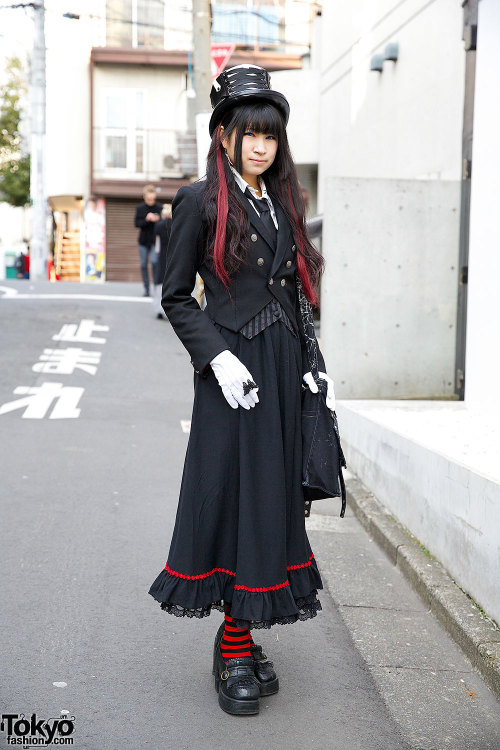 tokyo-fashion:20-year-old Ruru on the street in Harajuku wearing a handmade gothic jacket and handma