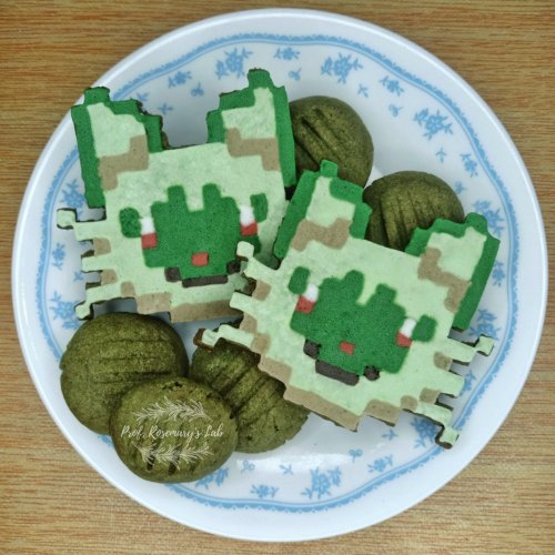 Sprigatito, Fuecoco, Quaxly, and Geodude pixel art cookies by Prof. Rosemary!