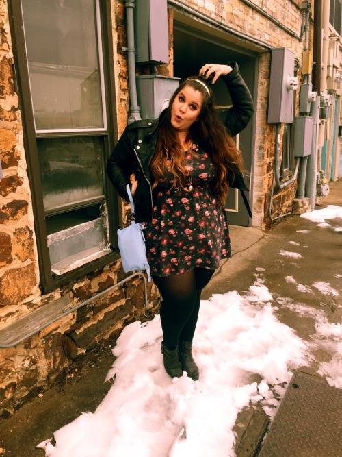 nataliemeansnice:leather//floral//wishing for spring.   jacket: angryyoung&poor  dress: target.  tights: welovecolors.  boots: forever21.  purse: forever21.
