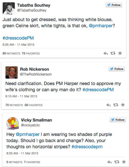 felweaver:ivorytowerblr:taperjeangal:allthecanadianpolitics:#DressCodePM: Stephen Harper Mocked For 