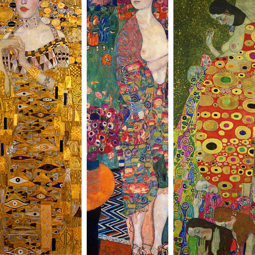 paintingses:  Portraits of women by Gustav Klimt after 1900 almost resemble mosaics. The term AESTHETIC DECORATION is used mostly to describe this. It’s use means that there is no reference to the sitter’s location, family, interests, etc, as mainly
