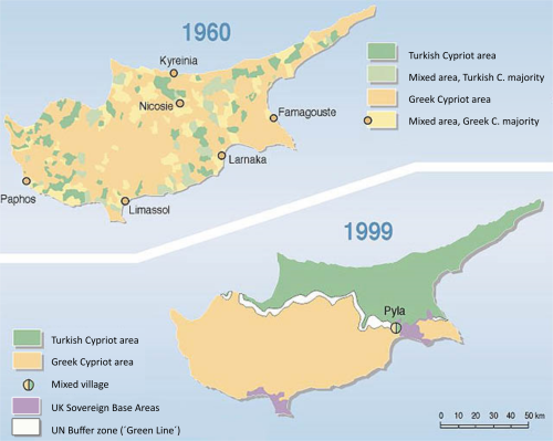 maptitude1:Distributions of Greek and Turkish Cypriots in 1960 and 1999The Turkish invasion of Cypru