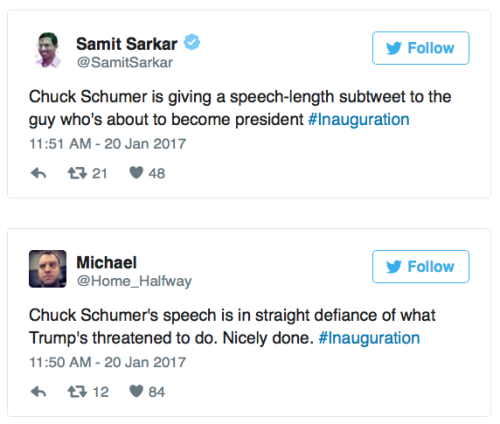micdotcom:Chuck Schumer basically subtweeted Trump in his inauguration speech