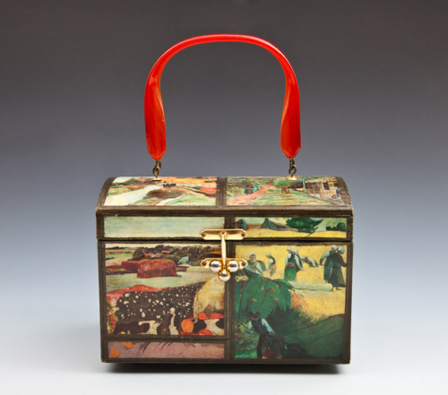 Wooden “art purse” with paintings by Cezanne, Gauguin and Monet, 1950-1959. USA. Via Goldstein Museu