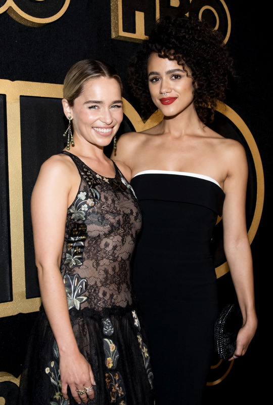 thronescastdaily:Nathalie Emmanuel &amp; Emilia Clarke at HBO’s Party in Los