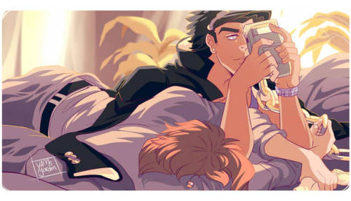 yamsgarden:Recovery Tryptic of Jotaro and Kakyoin on a afternoon playing video games. Print for Otak