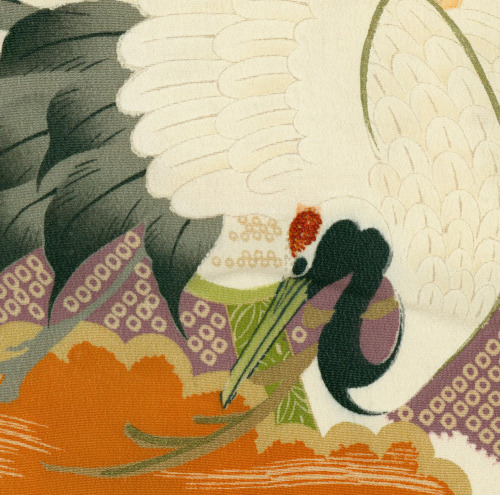 A silk furisode featuring yuzen-dyed cranes, with additional embroidery highlights.  Late Meiji peri