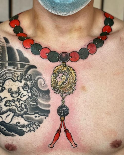 Juzu necklace and phoenix pendant #数珠 • @strictlytattoostudio #tattoo #tattoos #irezumi #刺青 #wabori