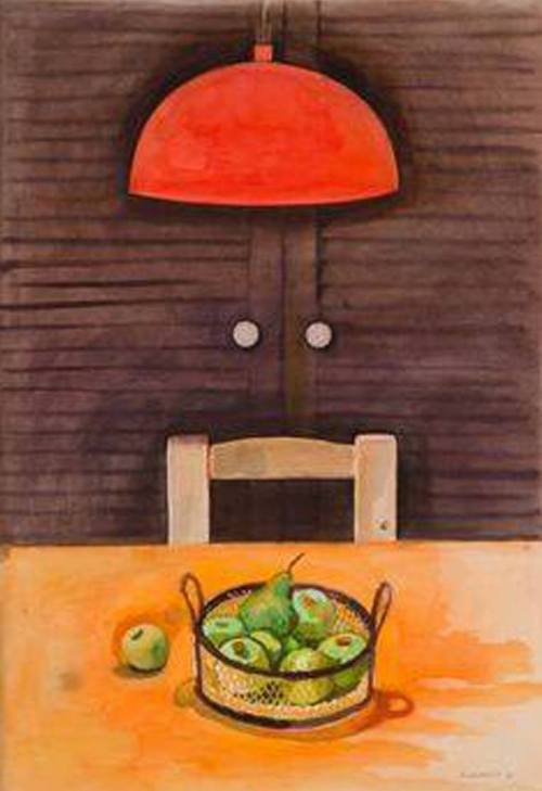 Lamp , Appels, Pear Still Life    -   Alberto MorroccoBritish  1917-1998Mixed media , 49 x 37 in.