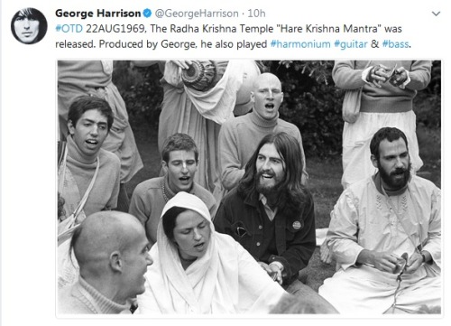 Tweet from the official Twitter for George Harrison Today in Harri History 22 August 1969, The Radha