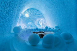 gaudygoddess:  hifructosemag:  The ICEHOTEL #23, a temporary hotel and art gallery, is located in Jukkasjärvi, 200 km north of the Arctic Circle. The ice is made from water supplied by the nearby Torne River. Within the hotel there are artists’ “suites”