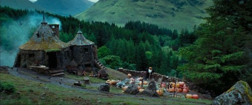 Moody autumn day looking down at the Groundskeeper’s Hut and pumpkin patch at Hogwarts School of Wit