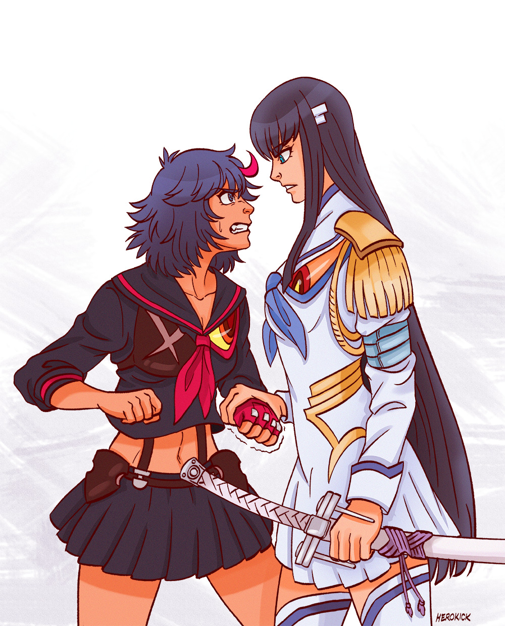 herokick:  Ryuko confronts the Student Council President in the hallway. Her punch