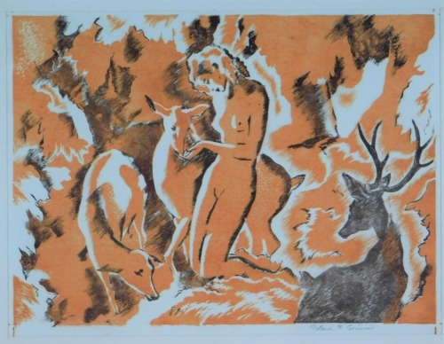 hildegardavon: Roland Francis Cosimini, 1898-? Mythical nude Nymph (Deco Woodcut), n/d, woodcut