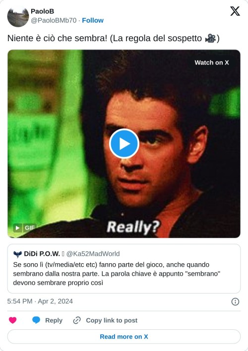 Niente è ciò che sembra! (La regola del sospetto 🎥) https://t.co/xw8qzHRsv3 pic.twitter.com/cgFcg6MXpZ  — PaoloB (@PaoloBMb70) April 2, 2024