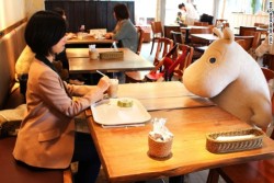 viage:  To save its lone customers from the awkward perils of solo dining, The Moomin House Cafe kindly seats diners with stuffed animal companions called Moomins, a family of white hippo-like characters created by Finnish illustrator and writer Tove