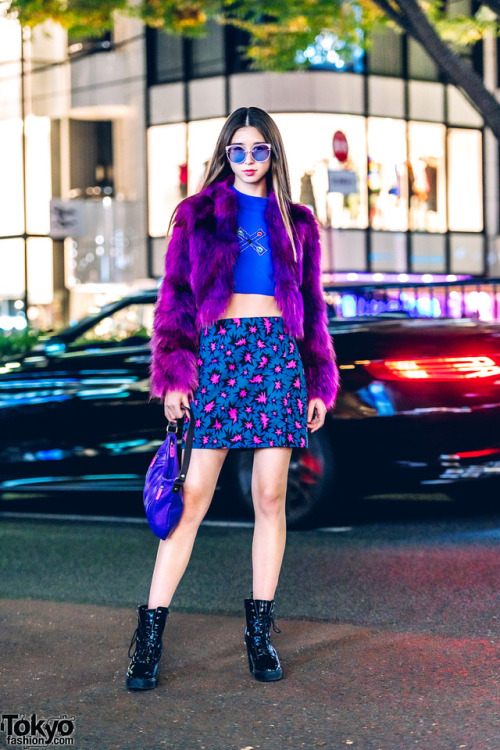 15-year-old Japanese model Jaycee on the street in Harajuku wearing a vintage purple faux fur jacket