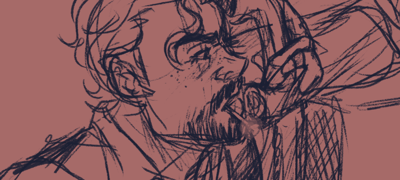 A cropped view of a messy digital sketch of Artyom. He looks irate and vaguely rumpled, a lit cigarette in his mouth as he talks into a phone receiver.