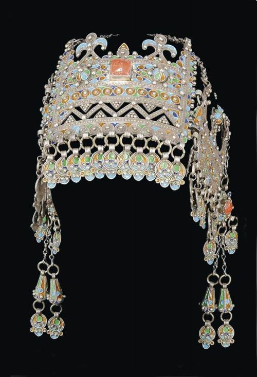 Headdress; silver filigree work, coral and glass insets, enamel ca. 19th century, Anti Atlas region,