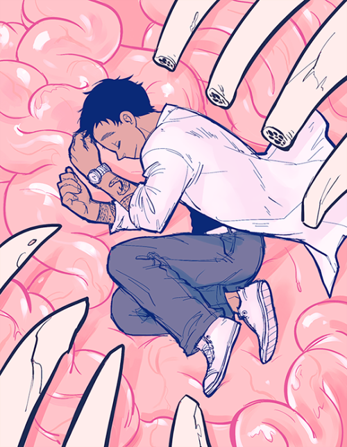 Snug in Haru&rsquo;s guts. For the Dorohedoro zine postcard bundle. 