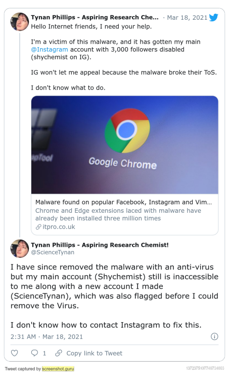 shychemist:I’ve finally figured out why my instagram account was suspended: Malware that I downloade